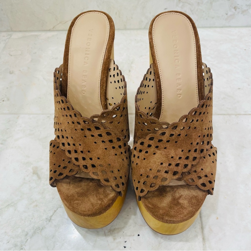 VERONICA BEARD {5M} Platform Mules "Gaynor" Brown Suede - Picture 2 of 10
